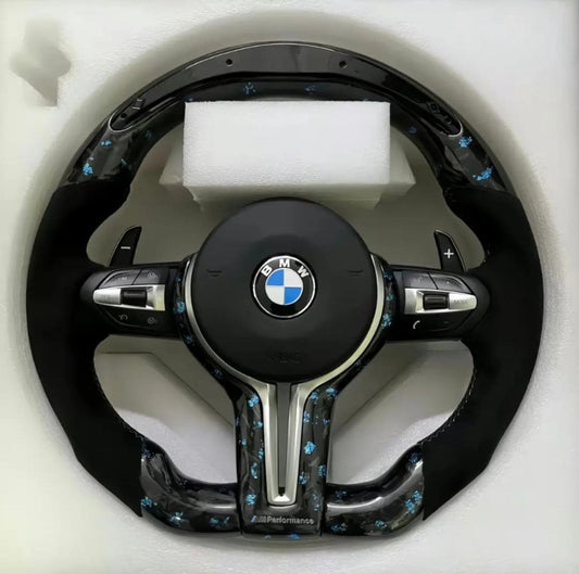 Blue flaked carbon fiber steering wheel with alcantara grips and led display - BMW F Series