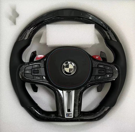 Black forged carbon steering wheel with leather airbag cover and led display- BMW G chassis