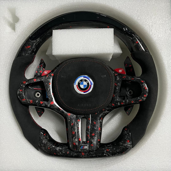 Red flaked forged carbon steering wheel with alcantara airbag cover and led display- BMW G chassis