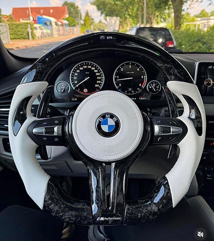 Forged carbon fiber steering wheel with white leather grips, led display and white accents - BMW F Series