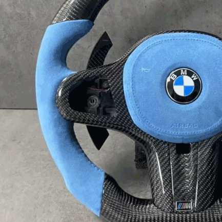 Blue leather steering wheel with airbag cover and led display- BMW G chassis