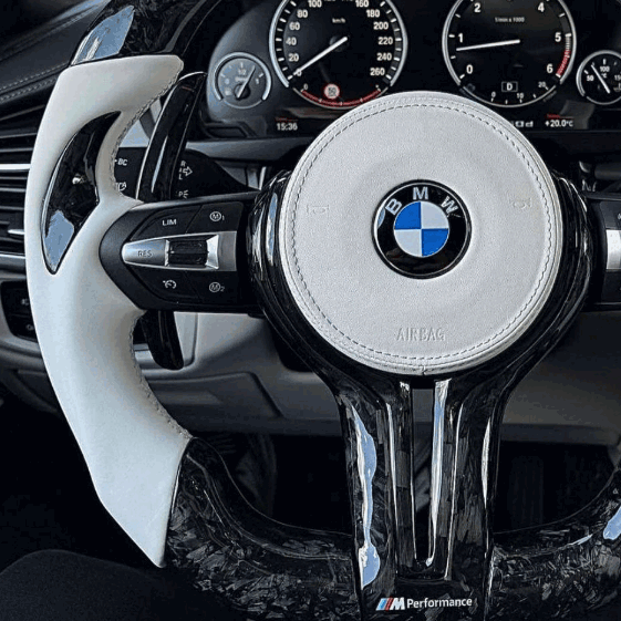 Forged carbon fiber steering wheel with white leather grips, led display and white accents - BMW F Series