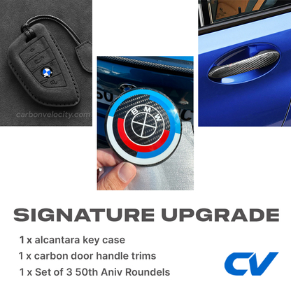 CV Signature Upgrade- Combo of roundels(set of 3), carbon fiber door handle trim, alcantara key case